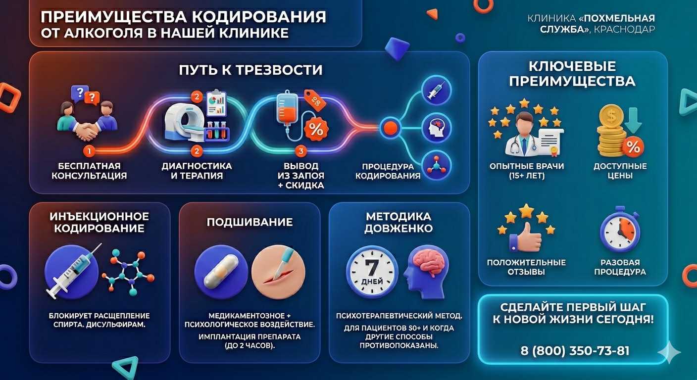 Инфографика о методах кодирования от алкоголя в Запрудне: инъекции, подшивание, метод Довженко. Преимущества клиники и этапы лечения.