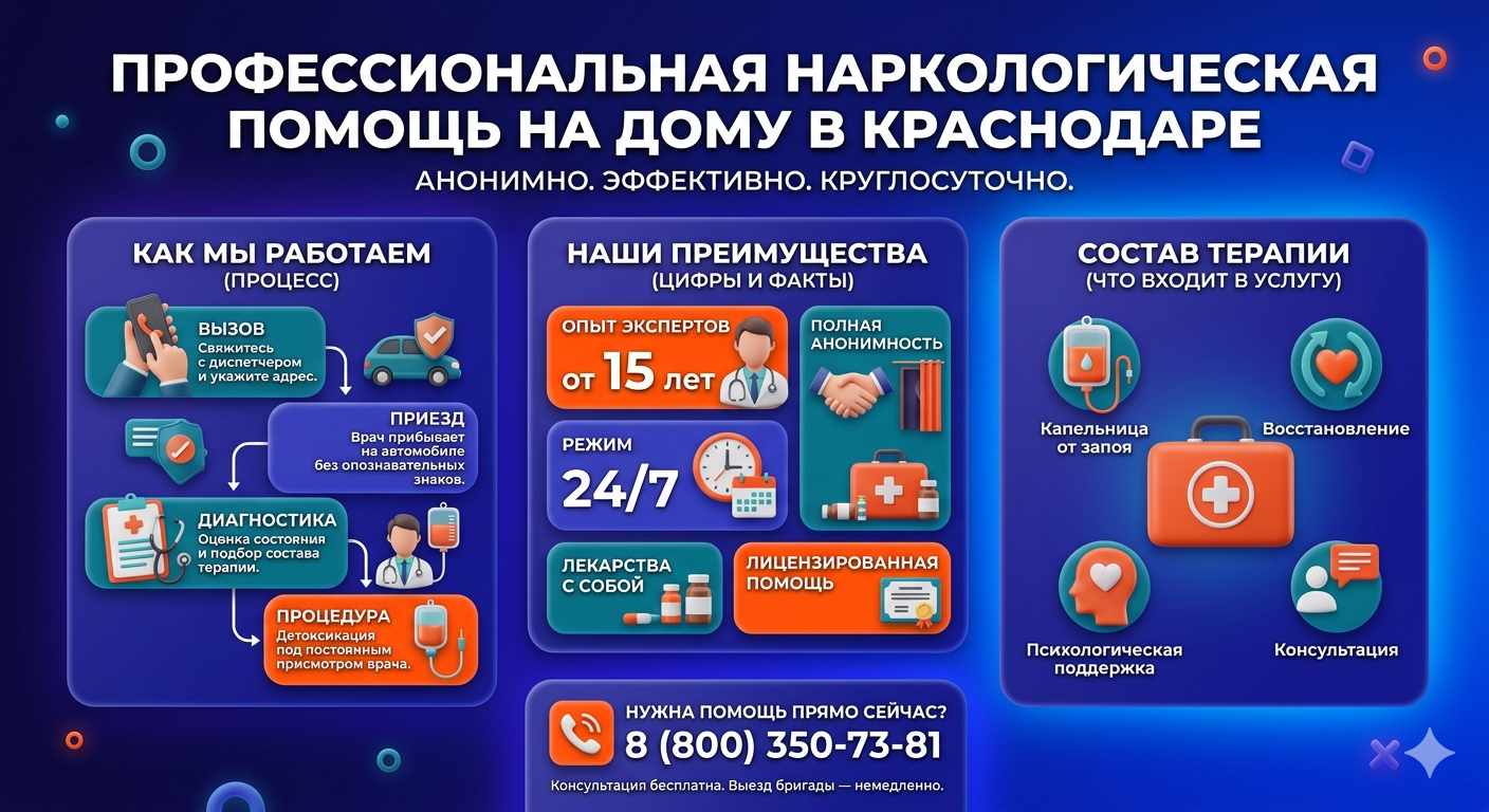 Инфографика о принципах лечения алкоголизма на дому в Запрудне: этапы вызова нарколога, преимущества анонимной детоксикации и состав медицинской помощи.